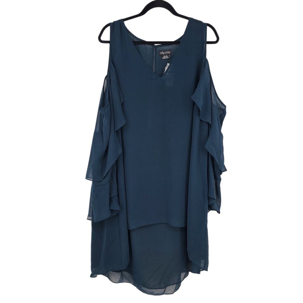 City Chic Alpine Ruffled High Low Cold Shoulder Polyester Tunic Top Size XXL - Picture 2 of 10